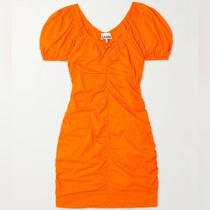 GANNI Bow-detailed ruched cotton-poplin mini dress